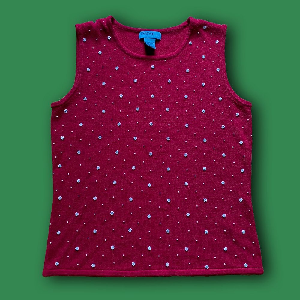 red sleeveless pearl beaded sweater top